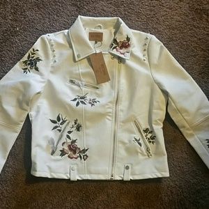 Driftwood White Floral Embroidered Moto Jacket